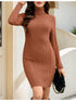 Elegantes Damen Herbstkleid Winter | Geripptes Strick Bodycon Kleid mit Rollkragen